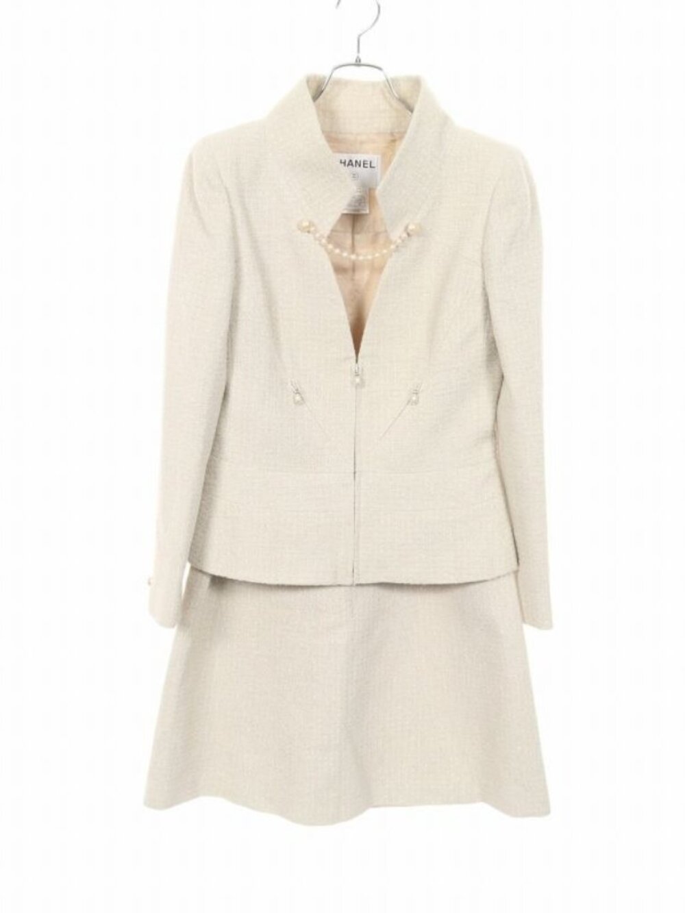 Chanel Set Suit Tweed Pearl Wool
